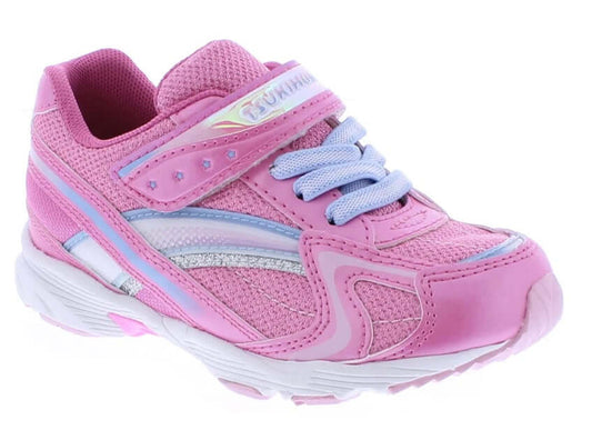 Tsukihoshi Glitz girls' running shoe in pink and light blue, lightweight, supportive and machine washable