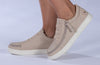 Women&#39;s tan BILLY Gore Lows sneakers with elastic straps and faux leather, suitable for diabetes, plantar fasciitis, and orthotics.