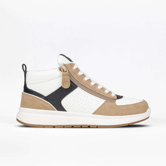 Women's white, tan and black BILLY Comfort high top with dual side zippers, adaptive easy-on design