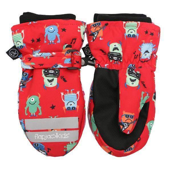 Flapjacks Kids Water Repellent Ski Mittens - Monsters Red - ShoeKid.ca