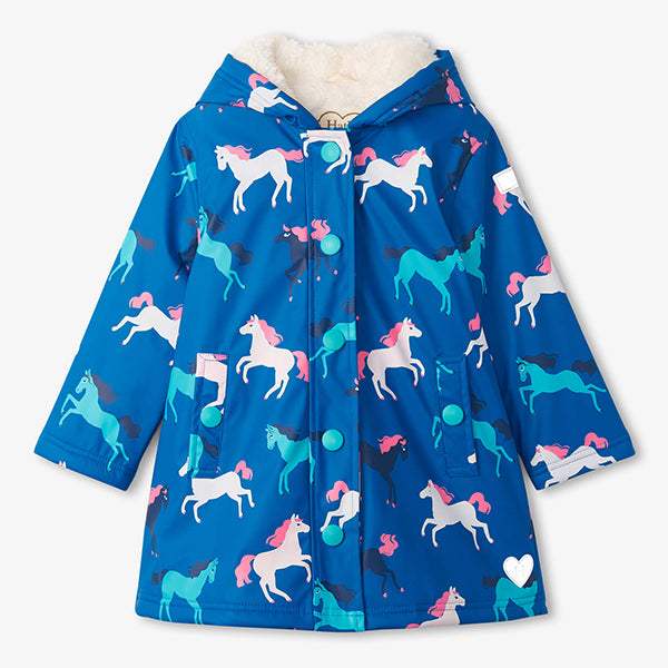 Hatley Prancing Horses Colour Changing Sherpa Lined Raincoat Jacket - ShoeKid.ca