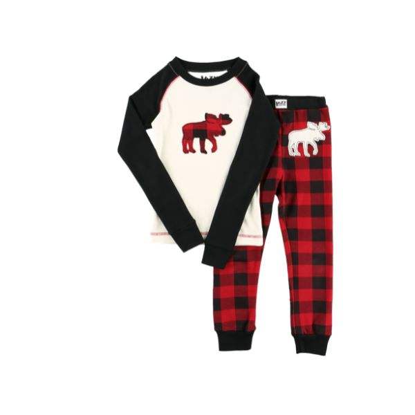 LazyOne Kids Moose Plaid Long Sleeve Red Pajamas - ShoeKid.ca