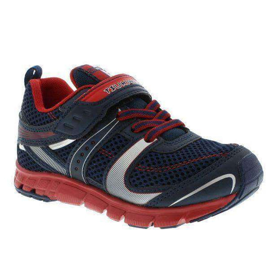 Tsukihoshi Velocity boys' running shoe in navy and red, lightweight, supportive and machine washable